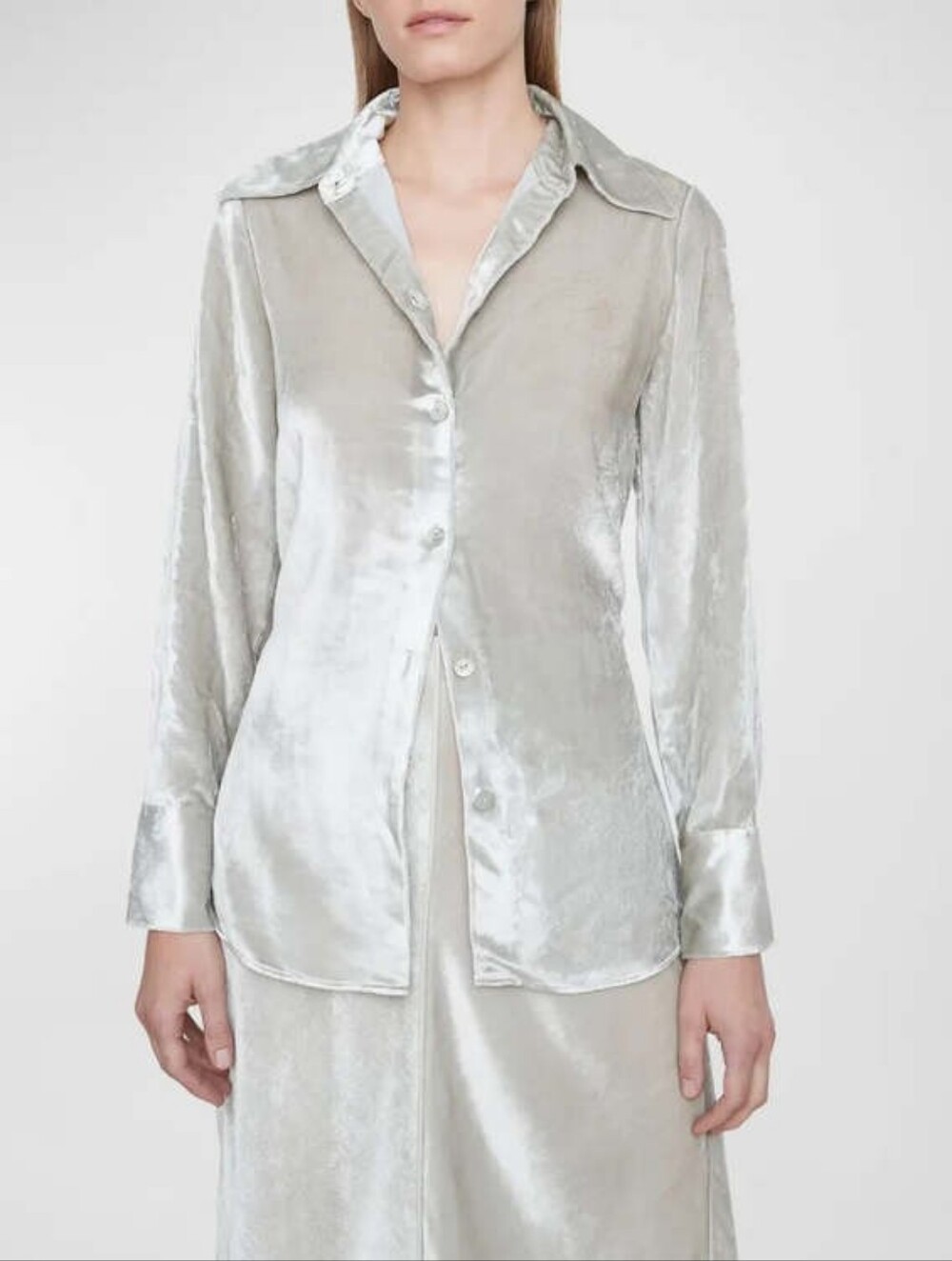 Vince Velvet Shimmery Silver Long Sleeve Blouse Sz.S. Pearl Buttons! Elegant!EUC - Picture 2 of 7